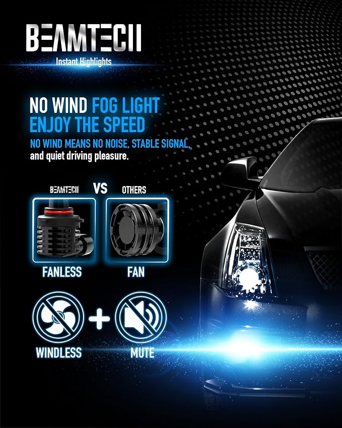 BEAMTECH 9005 Bulb, Fog Light Fanless in Line 6500K White Pack of 2