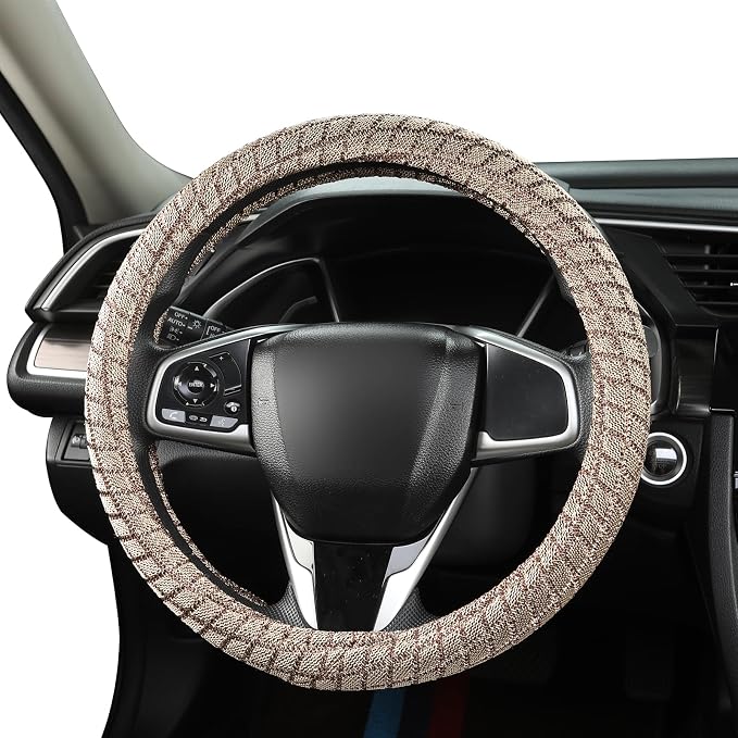 Auto Newer Breathable Steering Wheel Cover Suitable For Four Seasons，Anti-Slip Design，Odorless，Easy Carry Unviersal Fit for Truck SUV Sedans Vans，Interior Accessories Standard Size[14" 1/2-15"]（Beige）