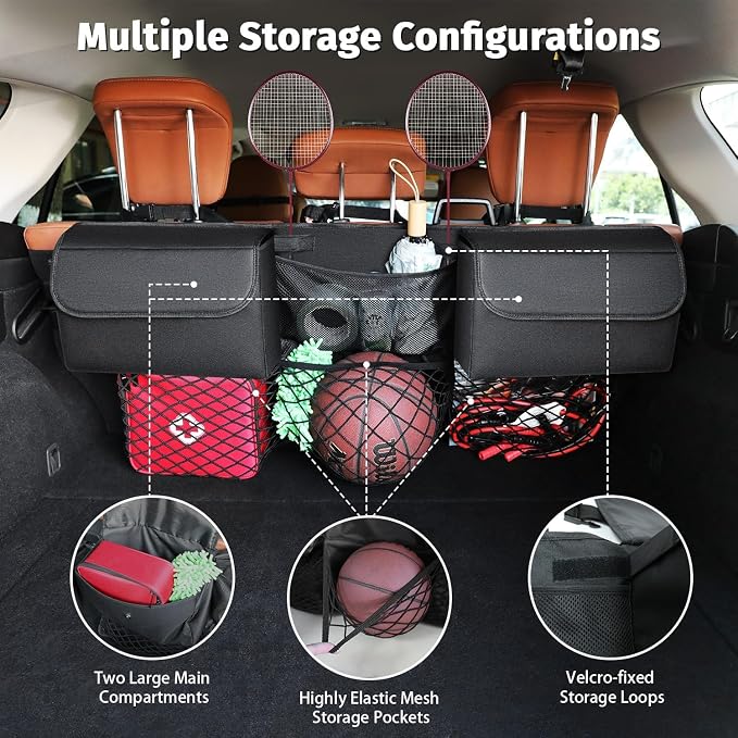 Deluxe Trunk Organizer for Medium or Large Size SUVs & RVs, Backseat Hanging Trunk Organizer, Waterproof Collapsible Car Storage Bag with 6 Pockets, Reinforced No-Sag Design