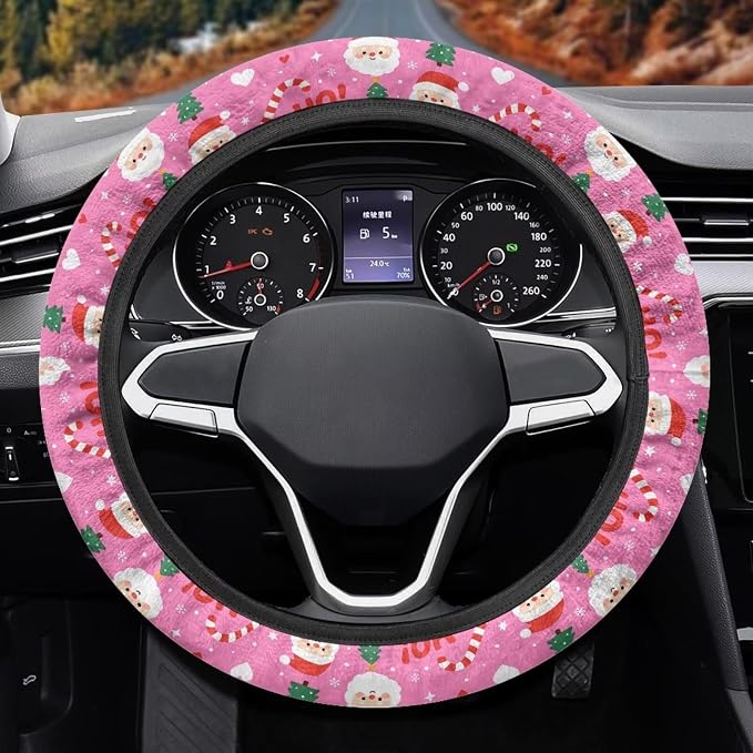 AFPANQZ Steering Wheel Cover for Women Sweat Absorbing Non-Slip Protection | Santa Claus Pink Print, Universal Fit Most Car Sedans SUVs, Comfort Grip Breathable Steering Wheel Protector