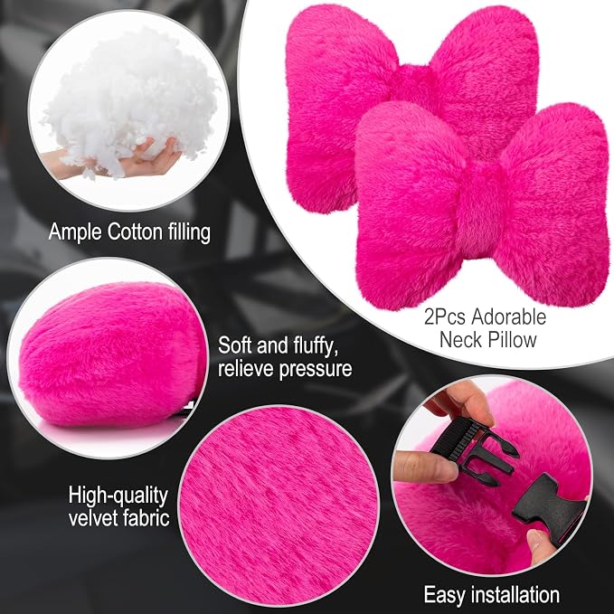 Macarrie 2 Pcs Rose Red Car Neck Pillow Imitation Rabbit Fur Bow Pillow | Soft Comfortable Seat Headrest Support, Cute Bow Car Accessories, Driving Travel Driver Chair Girl Interior Decor, Solid