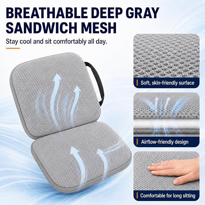Sojoy 3 in 1 Foldable Gel Seat Cushion Featured with Memory Foam Breathable Seat Cushion for Pressure Relief (Size: 18.5“ x 15" x 2"，Gray Mesh)