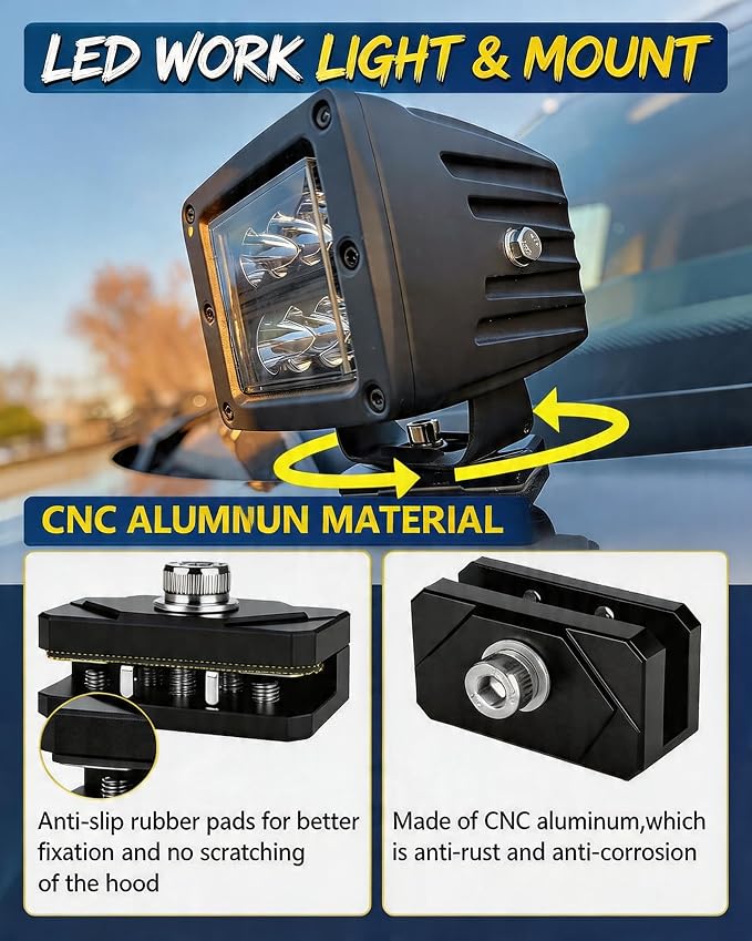 Hood Light Mount Brackets A Pillar Ditch Light Brackets with Extensions | Clamp-On Ditch Light Brackets + Extensions for Hood Mount | No-Drill Universal, Holds Lights, Antenna & Camera