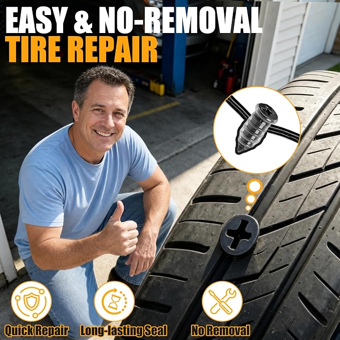60 PCS Tire Repair Rubber Nails Kit, Vacuum Tire Screw Plugs, Fast Self-Service Tire Repair Tool for Car, Truck, Motorcycle, Bike, Tractor Puncture Repair Kit (Screwdriver Included)
