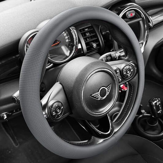 PINCTROT Nappa Leather Steering Wheel Cover, Slim Fit No Bulk Design, One Piece Leather with Breathable Perforation, Fit Like Gloves, Universal 14.5-15 Inch(Nappa Dark Gray)