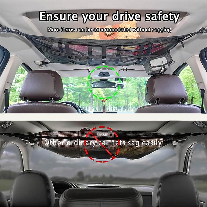 Car Ceiling Cargo Net Pocket 31"x21" Double-Layer Roof Storage for SUV Van | Heavy-duty nylon 31"x21" double-layer ceiling net, fits 4-handle SUVs & vans, holds gear for camping, road trips & van life