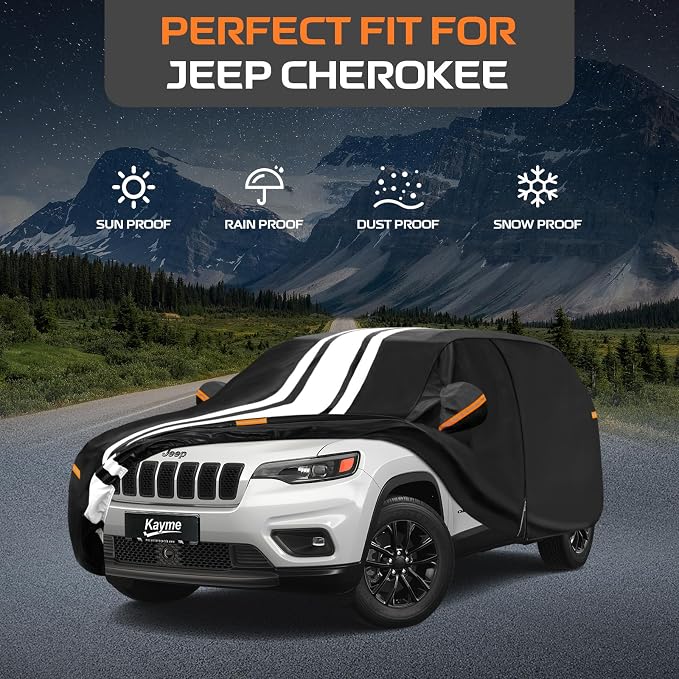 Kayme Jeep Cherokee Car Cover Waterproof All Weather for Automobiles, Custom Fit for Cherokee (2013-2023), Gift with Tape/Towel, Outdoor Full Exterior Cover Rain Snow Sun UV Protection.