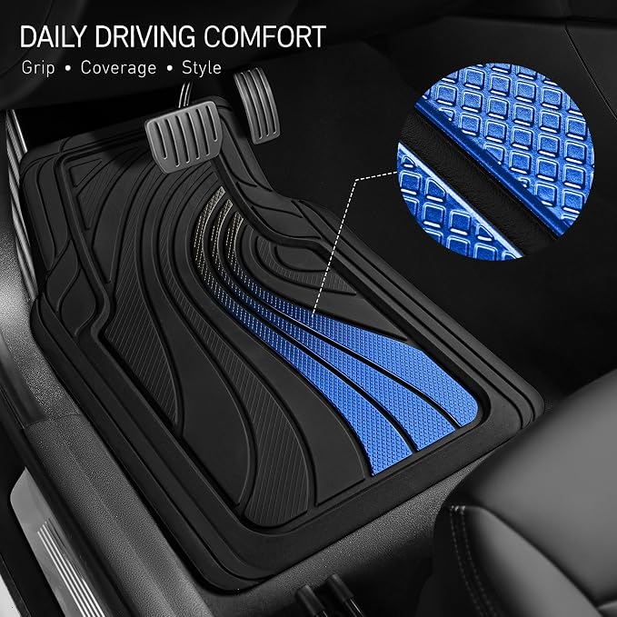 Road Comforts Car Floor Mats Full Set – Front & Rear Car Floor Mats with Aluminum Design, Anti-Slip Backing, All-Weather Protection, Trim-to-Fit Car Mats for Most Sedans, SUVs & Vans - - Blue