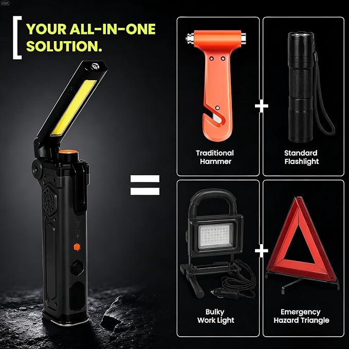 8-in-1 Car Emergency Escape Tool with Spring-Loaded Window Breaker | Seat Belt Cutter, Magnetic Work Light, Emergency Flashlight & Power Bank for Roadside Emergencies, Camping & Daily Driving