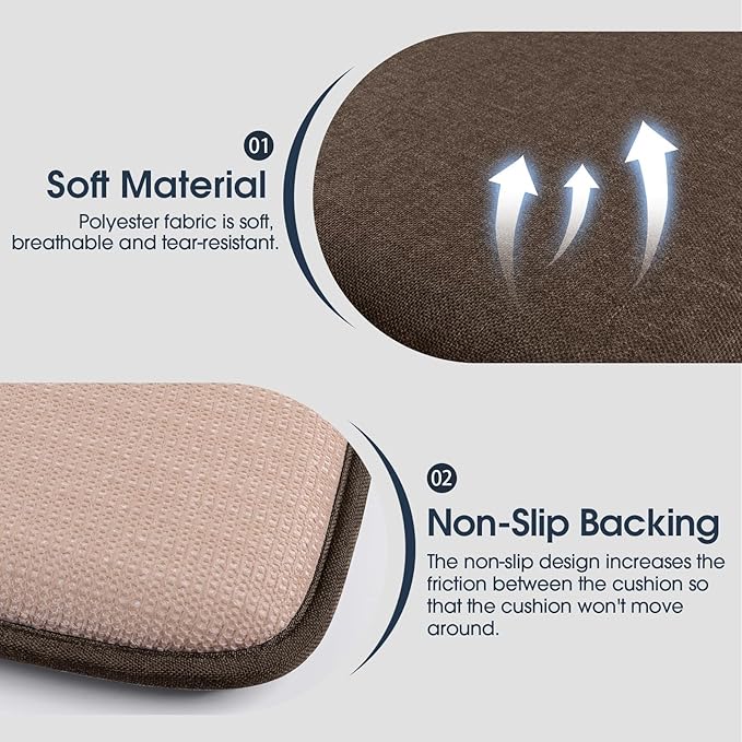 TushGuard Chair Cushions, 4 Pack Memory Foam Chair Pads, Thin Seat Cushion, Kitchen Chair Cushions Set of 4, Anti-Slip Backing & Fixed Straps, 1.4 in Thick, Brown