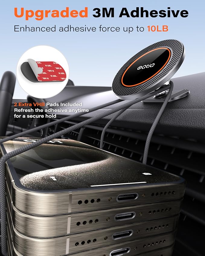 OQTIQ Magnetic Car Phone Mount Holder, Dashboard Mount with 3M Adhesive, Black Carbon Fiber, Aluminum, MagSafe Compatible for iPhone 17/16/15/14/13/12, 360-Degree Adjustable, 2 Pack (Orange-2 Pack)