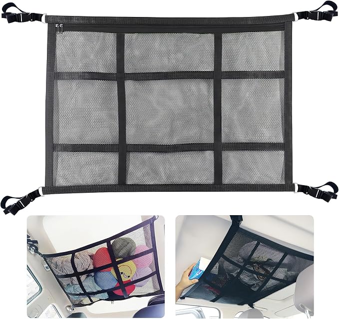 Car Ceiling Cargo Net for SUV,Car Ceiling Storage,Load Capacity Automotive Cargo nets Interior Accessories for Van,Double-Layer Mesh Automotive Roof Camping Essentials (30.7"x20.8")