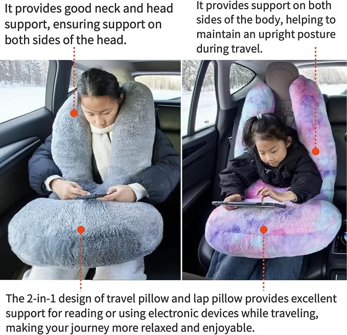 FHSGGP Travel Pillow Car Travel Sleep Support Pillow | 2-in-1 Lap Pillow and Car Pillow With Neck and Body Support for Adults and Kids on Long Trips Kids Travel Pillow Pink