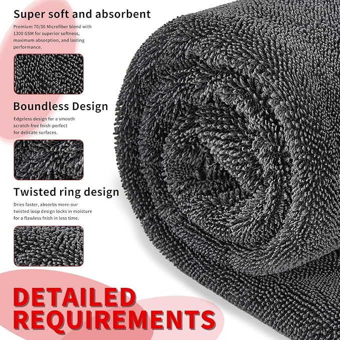 Wasal Car Drying Towel, 24" x 36" XL | 1300 GSM Microfiber, Edgeless Twisted Loop Design, 70/30 Blend, Super-Fast Drying, Streak Free