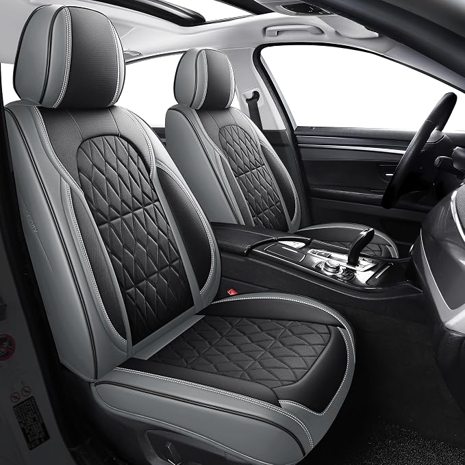 Aierxuan 360° Car Seat Covers Full Set Waterproof Leather, Black-Grey | Universal Fit Toyota Corolla Avalon Highlander Kia K5 Optima Rio Forte Selto Ford Ecosport Bronco Maverick Ranger