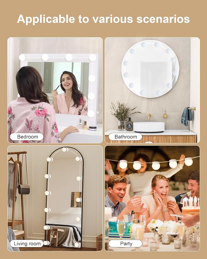12 Bulbs LED Vanity Lights for Mirror, 3000K 4000K 6500K & 10-Brightness, Wire Length Adjustable, USB Cable, Hollywood Mirror Lights for Makeup Dressing Room Bathroom, White