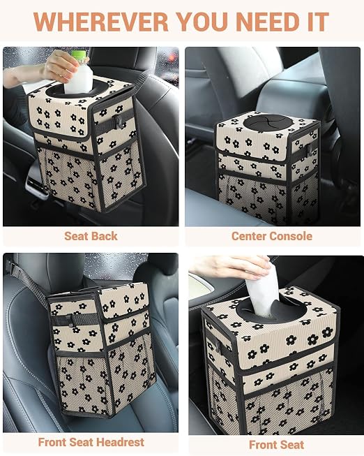 Capolo Car Trash Can with Lid, Leakproof Car Trash Bag Hanging Waterproof Automotive Garbage Can with Storage Pockets Mini Vehicle Trash Bin for Back/Front Seat(Black Flower,3 Gallon)