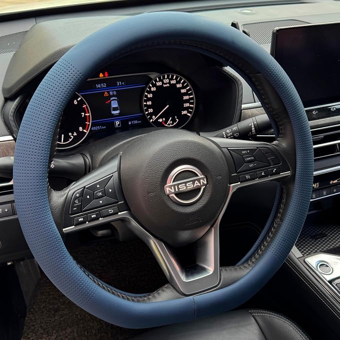 PINCTROT D Shaped Nappa Leather Steering Wheel Cover, Slim Fit No Bulk Design, One Piece Leather with Breathable Perforation, Fit Like Gloves, Flat Bottom 14.5-15 Inch(Nappa Smoky Blue)
