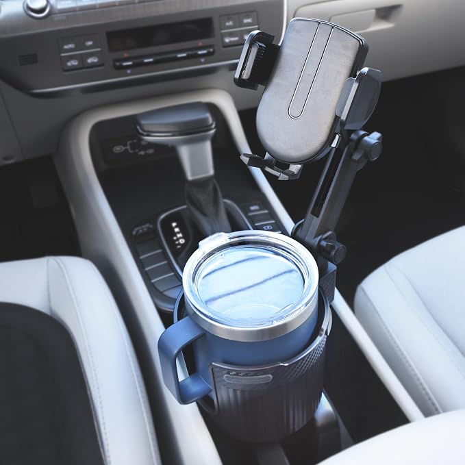 Armor All 2-in-1 Cup Holder Cell Phone Holder, Dual Cellphone Car Mount and Cupholder, XL Cupholder Holds Bottles, 6” in Arm 360° Degree Rotatable, Swivel Phone Mount Fits Most Phones, Expandable Base