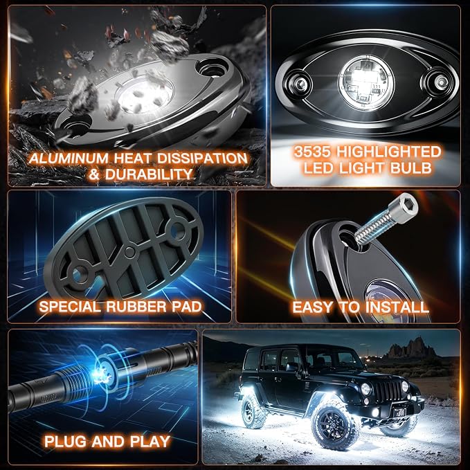 Rock Lights,LEDMIRCY R1 LED Pure White Rock Lights with Switch Wire Harness Kit(16Pods) Super Brigh Luces para Carro for Trucks ATV UTV Off Road Boat High Power Light Waterproof Shockproof