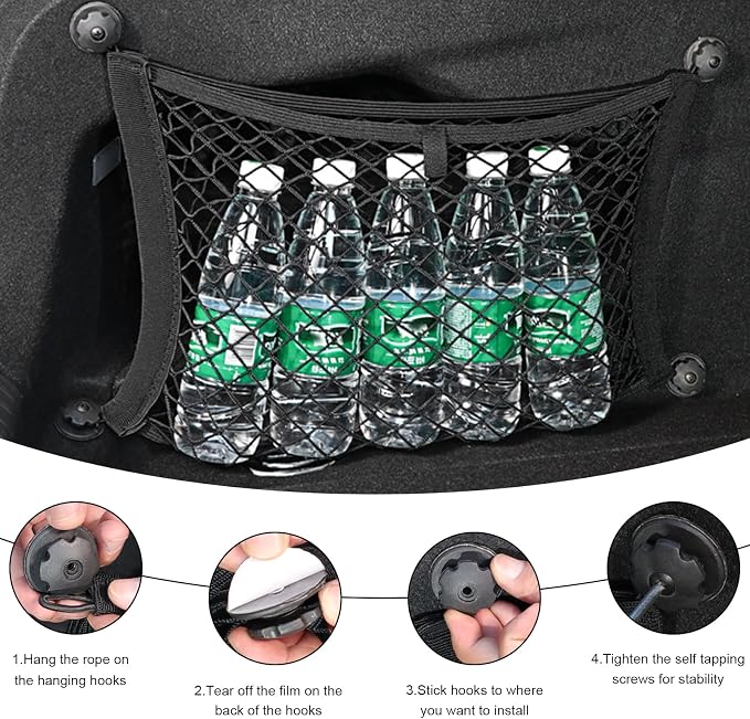 2 PCS Small Cargo Nets, 14"×10" Double Layer Car Organizer Net with Mounting Screws & Hooks, Stretchable Cargo Netting Storage Pouch for Car Truck SUV RV Boat Trunk