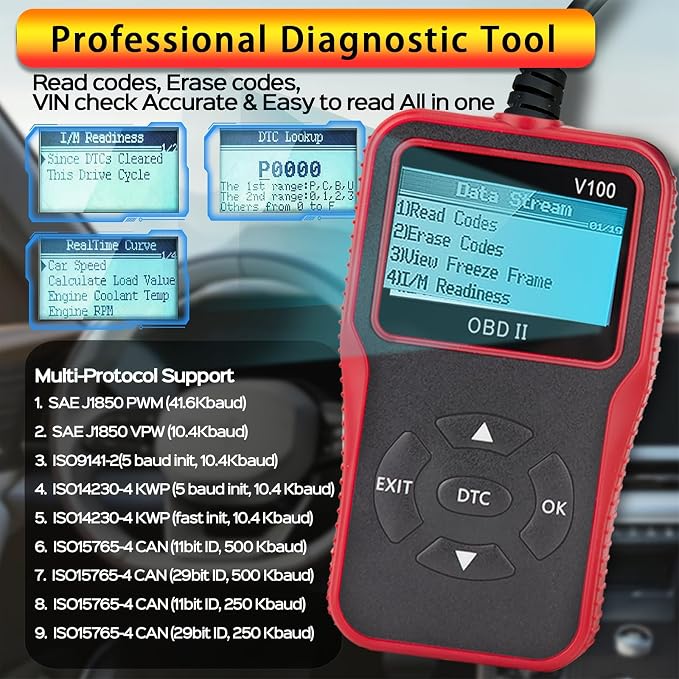 V100 OBD2 Diagnostic Diagnostic Tool Tool, Code Reader, Engine Light Diagnostic Tool, Battery Voltage Tester, for OBD2 Cars & Trucks Since 1996