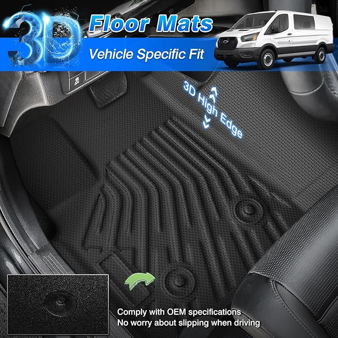 Cartist Floor Mats for 2022-2026 Ford Transit/E-Transit w/Vinyl Floor 150/250/350/350HD (Not Fit Transit Connect), All Weather Car Mats for Transit Accessories, Heavy Duty Rubber Mats