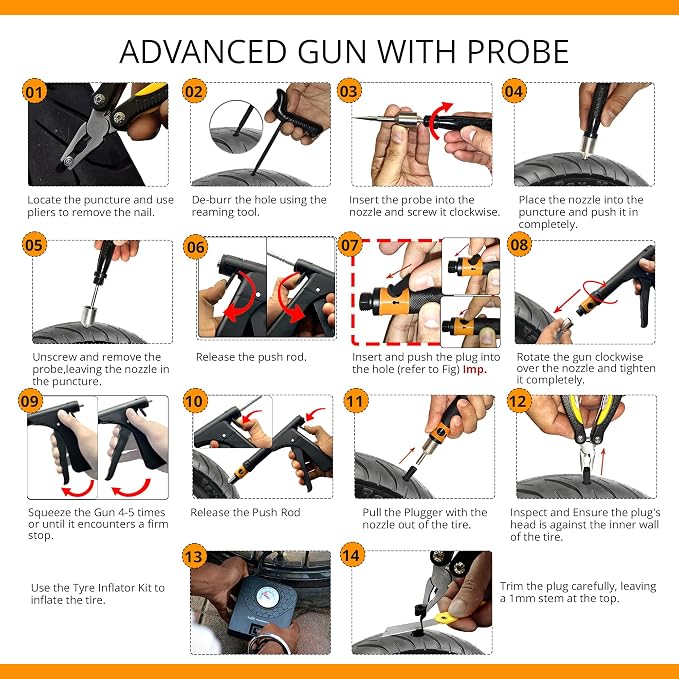 GRAND PITSTOP Tubeless Tire Gun Puncture Repair Kit with Mushroom Plug for Tyre Punctures and Flats on Cars, Motorcycles, ATV, Trucks & Tractors (Gun Puncture Kit with Hole 15 Plugs, Black)