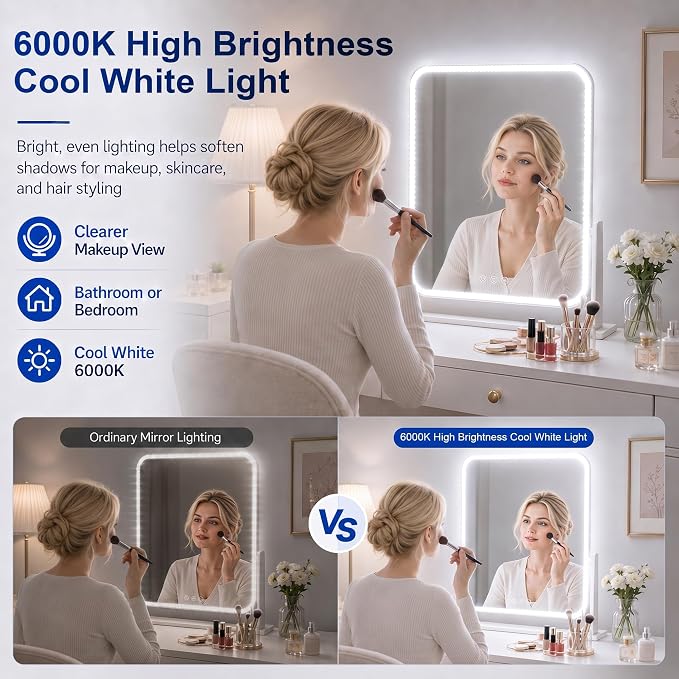 PANGTON VILLA Vanity Lights for Mirror, 13FT Dimmable 6000K LED Light Strip | Stick on Makeup LED Lighting, LED Vanity Lights Strips for Mirror for Bedroom Bathroom Vanity Table (Mirror Not Included)