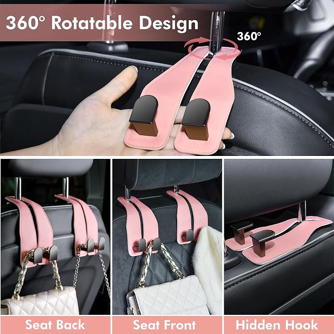 Car Hooks for Headrest, Leather Car Seat Back Storage Organizer Interior Accessories, Auto Seat Hook Hangers for Purse Umbrellas Handbag Clothes Coats Grocery Bags (Pink-1 Pack)