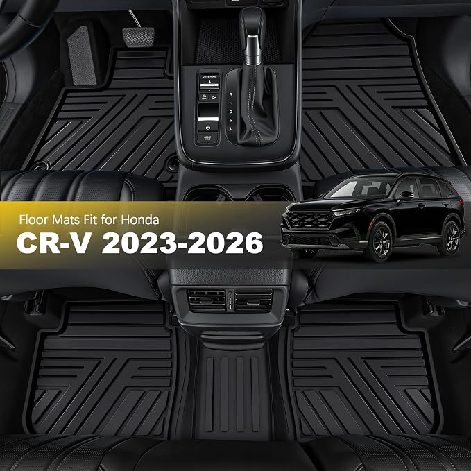 Rubber Floor Mats for Honda CR-V 2026 2025 2024 2023 (Gasoline & Hybrid) | All Weather Custom Fit Heavy Duty Car Mats for CRV, 1st & 2nd Row, Black