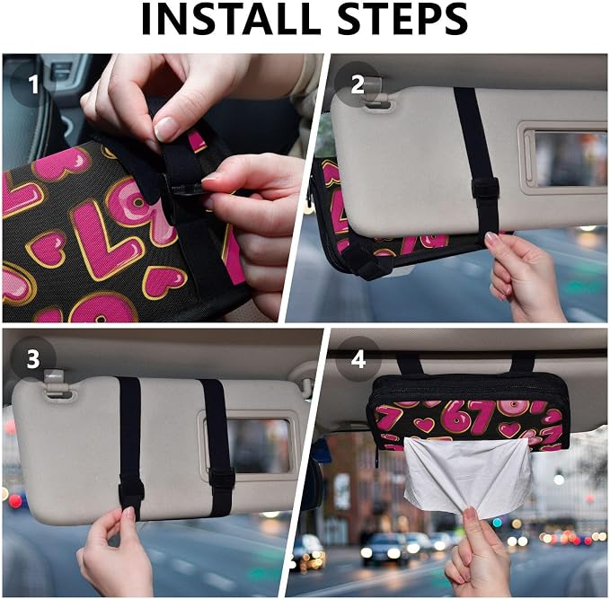 Black 67 Hearts Pink Six Seven Car Tissue Holder Durable Napkin Holder Hanging Tissue Holders Case Car Tissues Bag for Sun Visor Seat Back Universal Auto