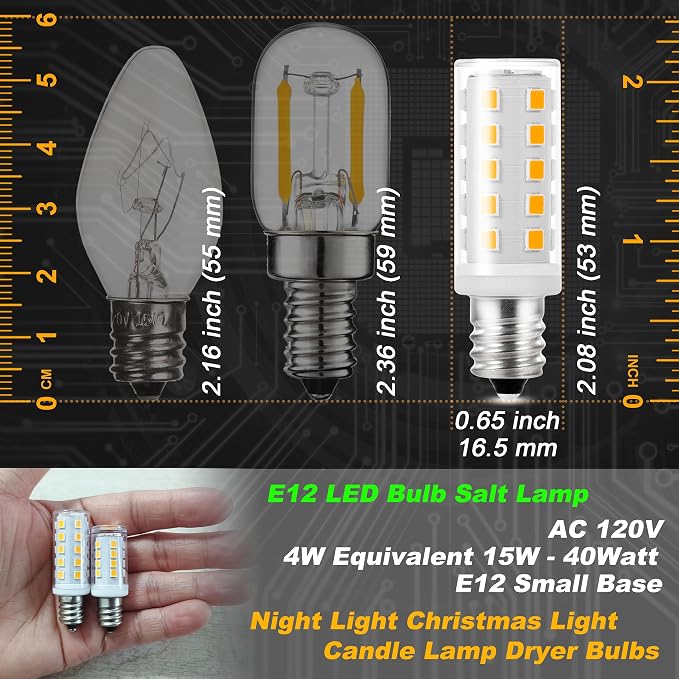 Dimmable E12 LED Bulb Himalayan Salt Lamp 4W Equivalent 15W 40W 2700K,4Pack | AC120V, 400lm, S6 C7 Candelabra Base, for Night Light Chandeliers Christmas Light Candle Lamp Dryer Bulbs, Warm White