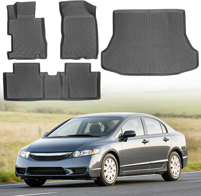 Floor Mats for Honda Civic 2006-2011 (for Sedan, Not for Coupe or Hybrid) | Custom Fit Heavy Duty TPE All Weather Protection, Waterproof Non-Slip Black (Two-Row Floor Mats & Cargo Liner)
