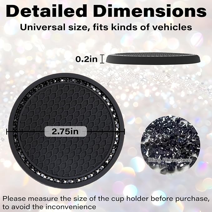 BFXM 4 PCS Bling Cup Holder Coasters for Car, 2.75 inch Diamond Universal Non-Slip Black Silicone Cup Holder Coasters, Sparkly Bling Car Accessories for Women(Black Diamond)