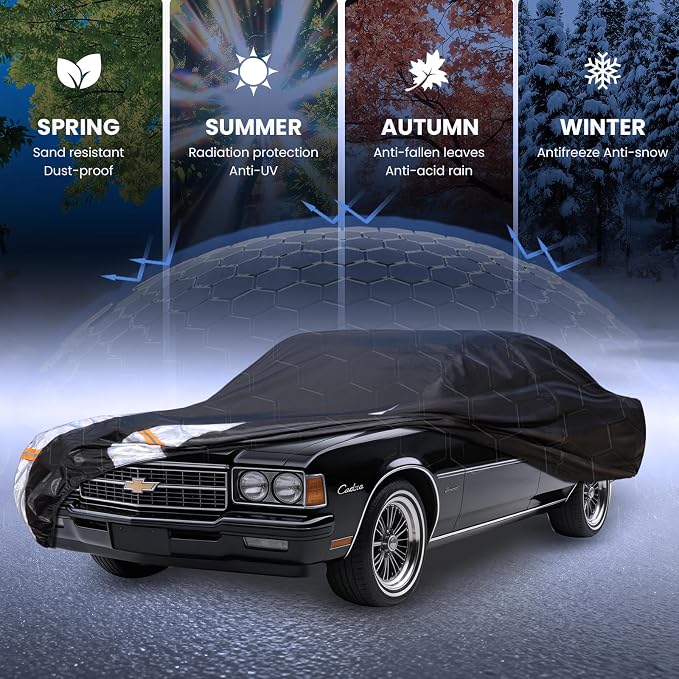 Multi-Layer Car Cover Custom Fit for Chevrolet Caprice (1970-2016), 100% Waterproof All Weather for Automobiles, Gift with Towel, Heavy Duty Car Covers for Rain Sun UV Protection with Door Zipper.