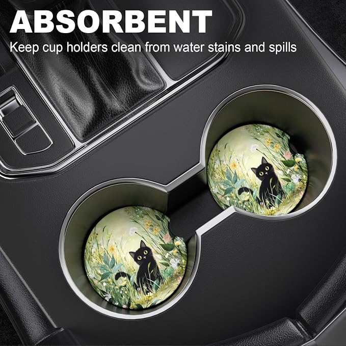 2 Pack Car Cup Holder Coaster, 2.63 inch Anti Slip Insert Absorbent Ceramic Car Coaster with Cork Base and Finger Notch, Cute Car Accessories Interior for Women, Cute Car Coasters.