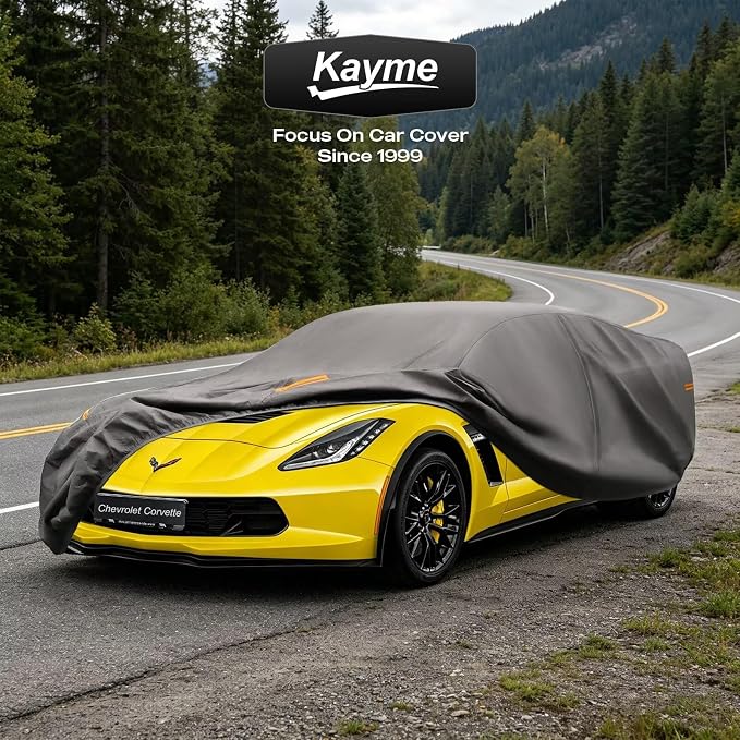 Kayme Heavy Duty Car Cover Custom Fit Chevrolet Corvette 1980-2026, Waterproof All Weather Outdoor Full Protection, Sun Rain UV Resistant with Zipper Door and Windproof Straps.