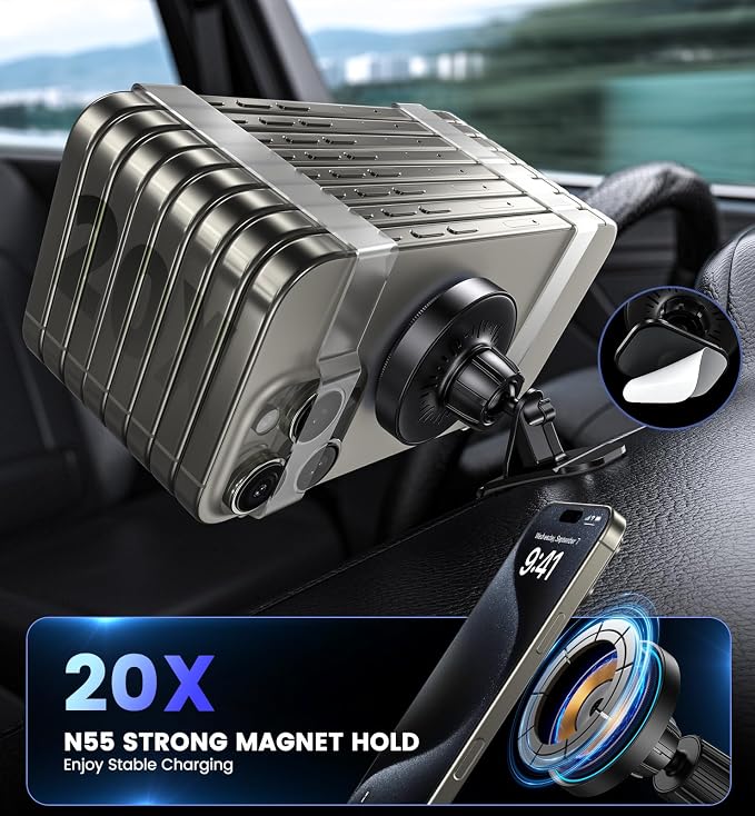 Magnetic Car Charger Mount 15W for iPhone 17-12 Pro Max | N52 Strong Magnets, 360° Rotation, Dashboard & Vent Mount, Compatible with Magnetic Cases, Gift for Men, Black