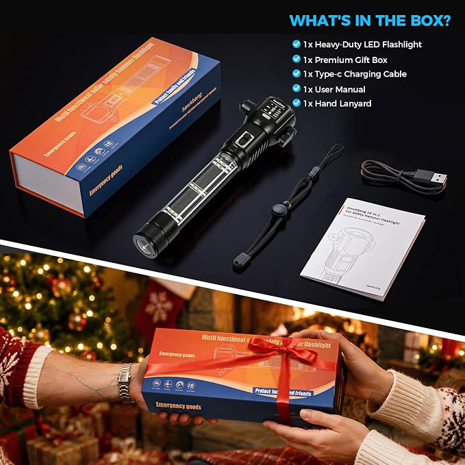 18-in-1 Car Emergency Flashlight, Window Breaker Seatbelt Cutter | 800LM solar/usb flashlight, magnetic base, emergency power bank, electric lighter, 120dB alarm & compass. Ideal driver gift