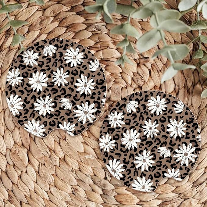 Ceramic Car Coasters – Absorbent Car Cup Holder Coaster Set for Women, Cute Aesthetic Car Accessories for Girls, 2 Pack (Sand Brown)