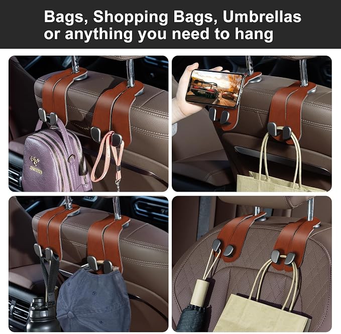 CoBak Purse Hook for Car - Universal Premium Stitched Leather and Aluminum-Magnesium Alloy Double Car Seat Back Storage Hook for Purses, Handbags, Bags (2 Pack),Russet Brown