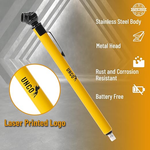 UNCO- Pencil Tire Pressure Gauge, 2 Pack, 10-75 PSI, Yellow, Stainless Steel Body, Metal Made Nozzle, Rust and Corrosion Resistant, Pencil Air Pressure Gauge for Tires, 3 Measurements for Cars, Bikes