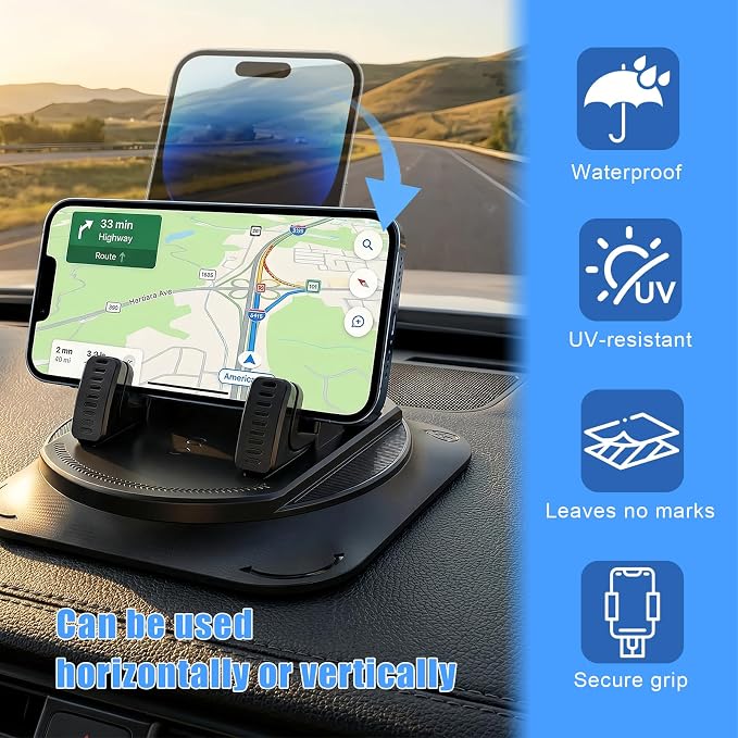 Car Dashboard Phone Holder, Self-Adhesive Car Phone Holder 360 Degree Rotation, Universal Anti-Slip Automotive Mount, Vibration-Free & One-Handed Operation (Black)