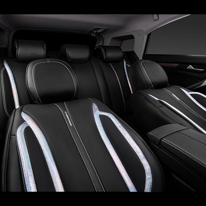 CAR PASS Nappa Leather Seat Covers, Waterproof Durable Universal fit for Women Girly SUV Truck,Anti-Slip Driver Seat Cover with Backrest, full set 5 Holographic Black Silver strips Iridescent colorful