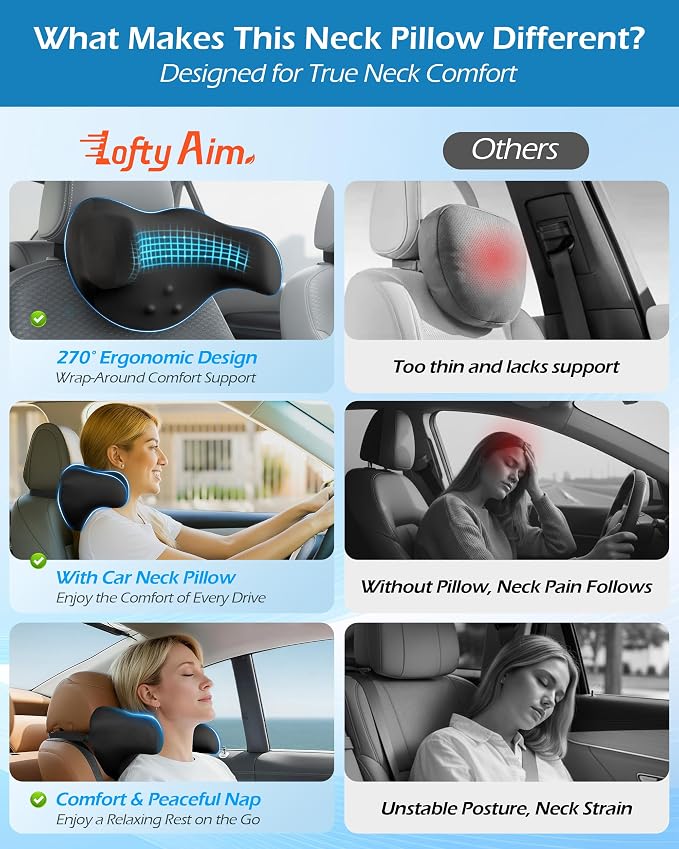 Lofty Aim 2 Pack Car Neck Pillow, Car Headrest Pillow | Ergonomic Memory Foam Headrest Pillow for Driving, Adjustable Neck Support Cushion, Head Rest Pillows for Car Seat, Black
