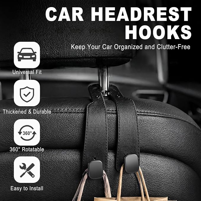Headrest Hooks for Car 2 Pack, Upgraded Double Metal Hooks with Leather Cover, Car Seat Back Storage Organizer with Anti-Drop Design, for Purses, Handbags, Coats, Groceries (style1)