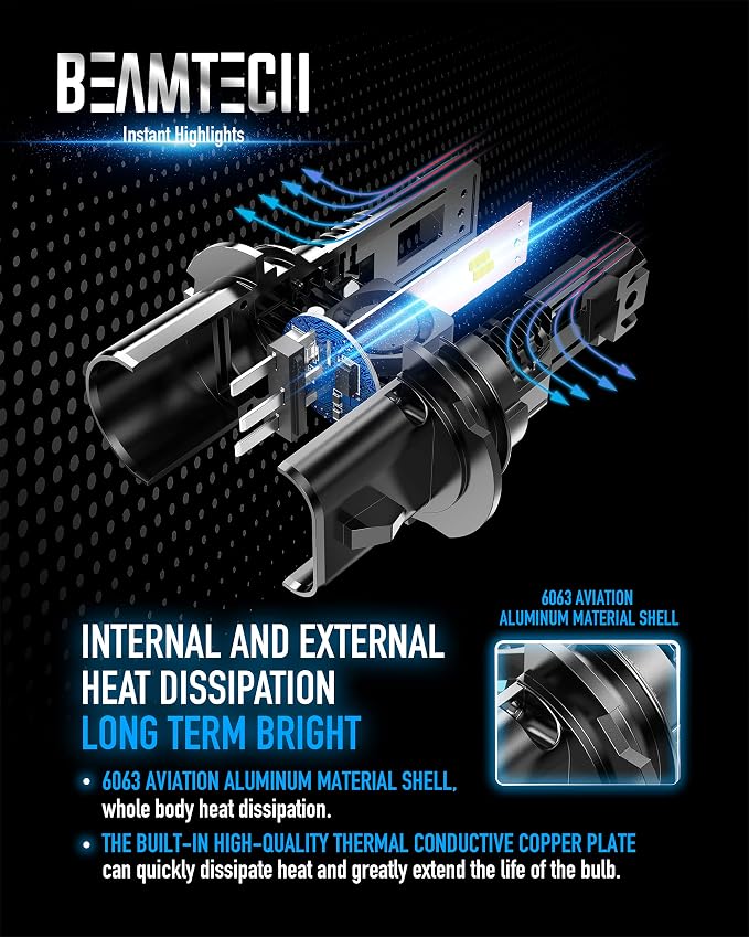 BEAMTECH Bulb, 9007 Light Bulbs Powersports, 6500K Fanless in Line, of 2 | Windless, Directly Insert, 1:1 Size, 50,000hrs+ Lifespan, Hi/Low