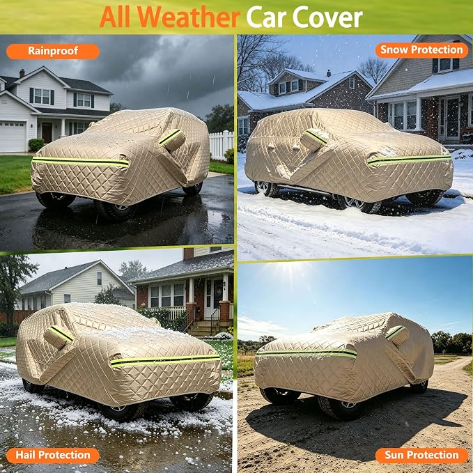 7 Layers Waterproof Cover, Heavy Duty Car Covers with Zipper Door, All-Weather Car Cover – Protects Against UV Rays, Hail, Water, Dust & Snow, Universal Fit SUV 191" to 200"(Khaki)