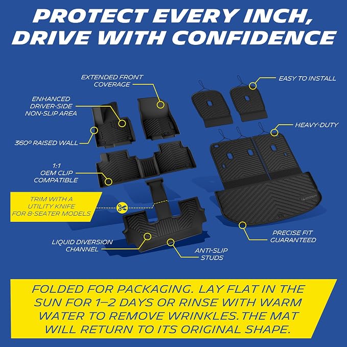 Michelin Vehicle Mats, All-Weather TPE Custom Fit Liner for 2027 Kia Telluride Hybrid 7 & 8 Seats (7 Piece), Premier